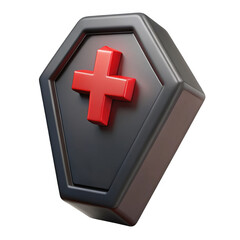 Obraz premium A stylized 3d render of a dark hexagonal coffin shape with a bright red cross emblem on its lid isolated on transparent background