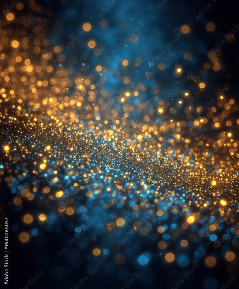 Poster abstract glittering particle stream with bokeh effect in blue and gold for festive backgrounds