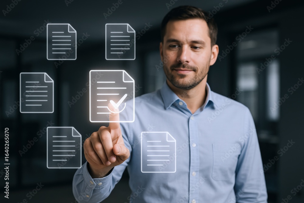 Poster digital document management: man interacting with virtual files, streamlining workflow and enhancing