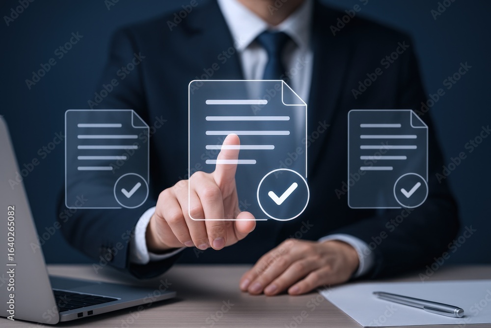 Aufkleber document approval concept: man in suit interacting with digital checkmarks on electronic files