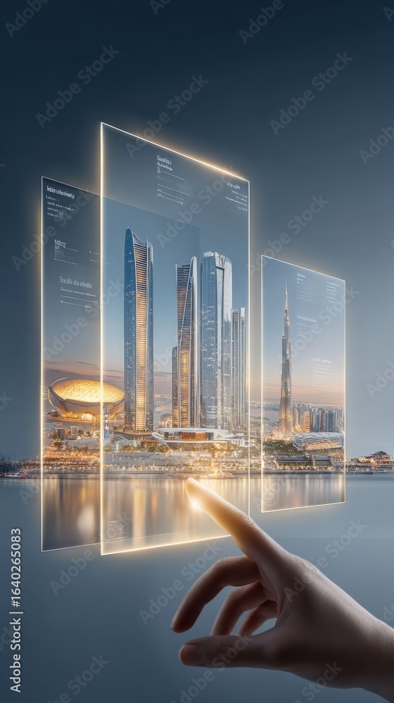 Poster futuristic cityscape interface: hand interacting with holographic display of modern urban architectu