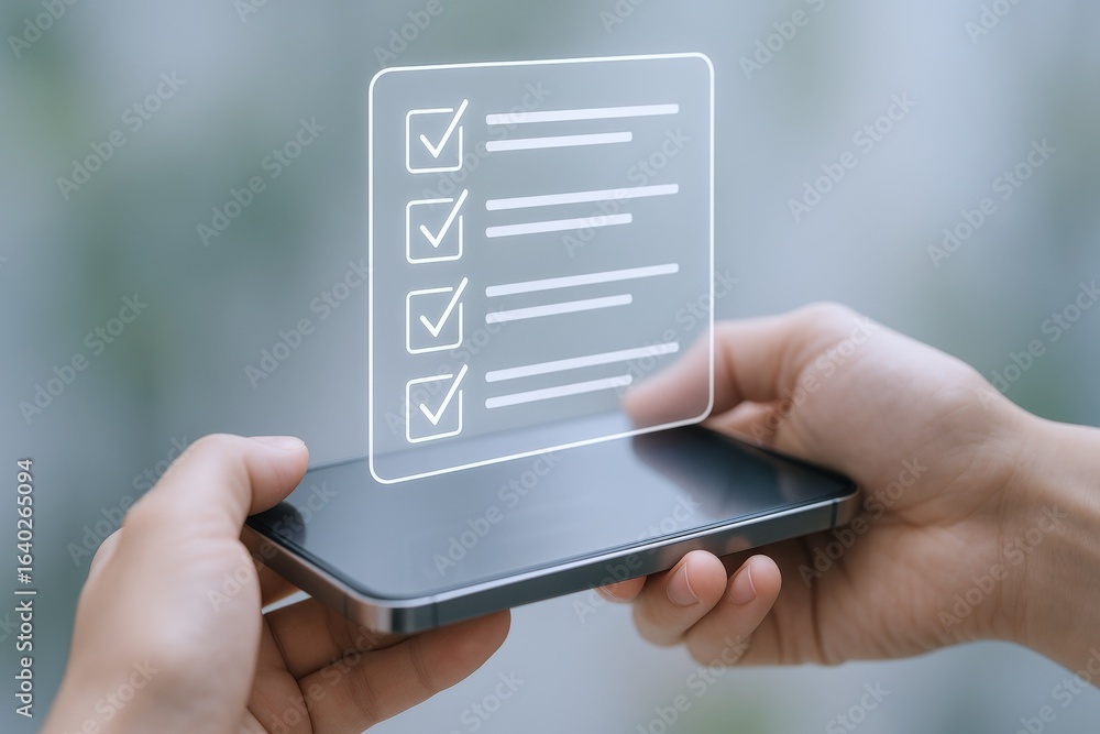 Poster digital checklist on smartphone: hands holding device with completed tasks, form or survey