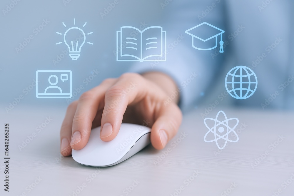 Poster hand using computer mouse with online education icons, representing digital learning and virtual cou