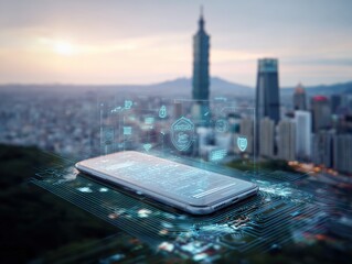 Smartphone Displaying Cyber Security Overlay with Cityscape Background, Emphasizing Digital Safety and Connectivity in Modern Urban Environments