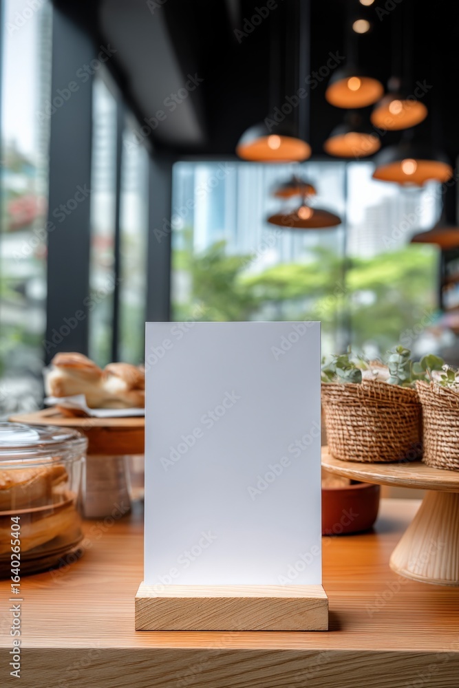 Poster blank menu sign on wooden table in cafe setting, ready for customization and advertisement