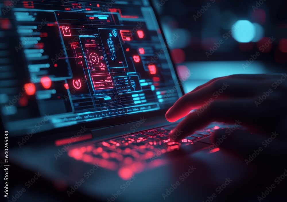 Poster hacker coding on laptop with red and blue neon screen displaying complex software interface