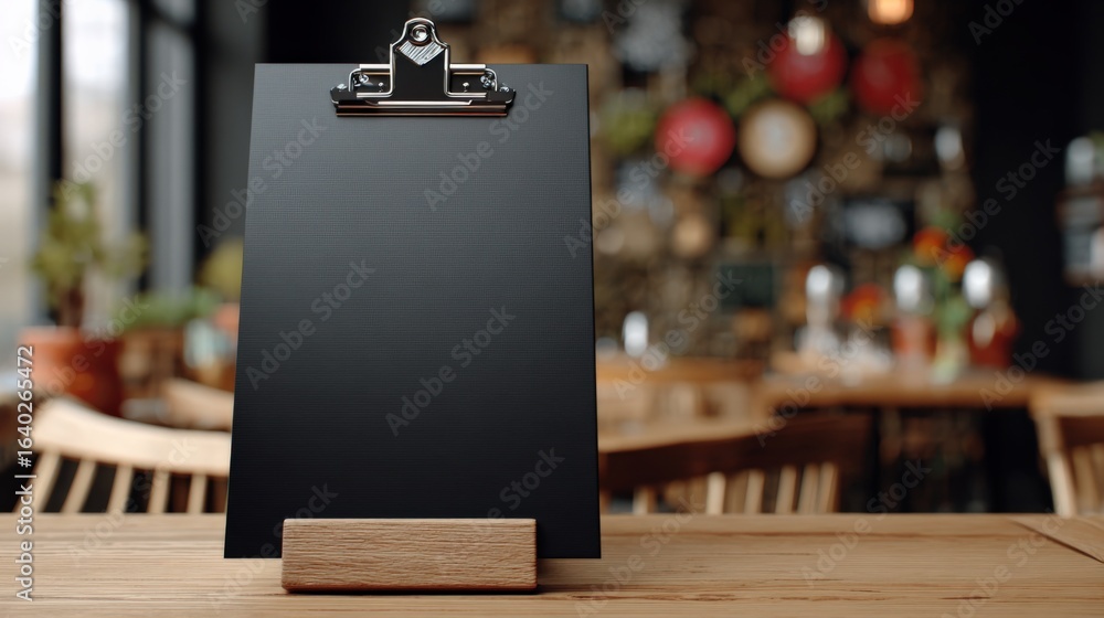 Poster blank chalkboard menu display on wooden table in restaurant, ready for custom text and graphics