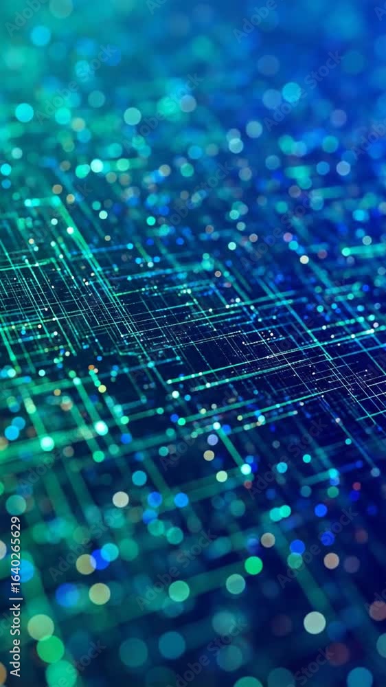 Aufkleber abstract digital network background in blue and green with interconnected lines and bokeh lights tec