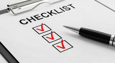 A close-up view of a checklist on a clipboard featuring three tasks marked with red checkmarks A sleek pen rests beside it signifying completion and organized progress