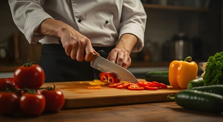 chef chopping fresh colorful vegetables on a wooden board