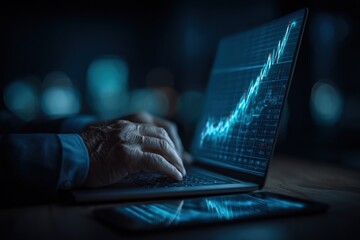 Financial Analyst Monitoring Stock Market Performance on Laptop, Analyzing Data and Investment Trends, Graph Display