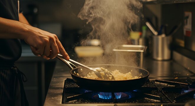 chef stirring a sizzling pan on the stove