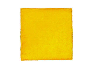 Abstract textured painting featuring a bright yellow rectangle on a white background