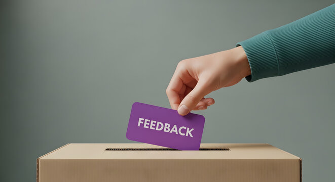 Hand putting feedback card in box symbolizing customer review, survey response, and constructive evaluation