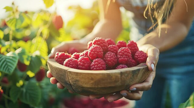Raspberry hand-picked organic harvest Freshly harvested raspberries in a wooden bowl outdoors.	
