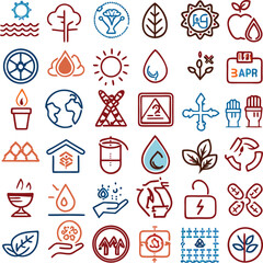Fototapeta premium Collection of nature and renewable energy icons in blue and orange ecology environment