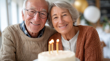 Elderly caucasian couple smiling and celebrating birthday with cake and candles