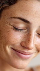 Close-up of smiling young caucasian female with freckles and closed eyes