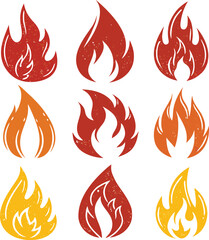 Flame icon set ten unique fire silhouettes in red, orange, and yellow with grunge texture for heat, energy, and hot sale designs