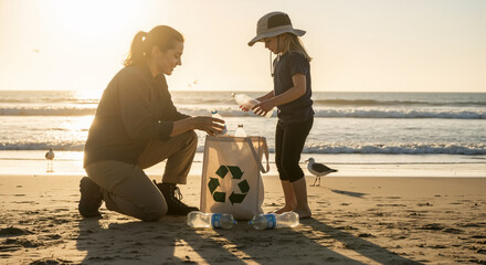 Mother and daughter cleaning the beach and collecting plastic bottles for recycling at sunset. Environmental conservation and volunteer concept.
