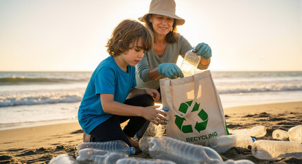 Mother and son collecting plastic bottle trash and putting it into a tote bag with a green recycling logo. Family volunteering for a recycling and environmental cleanup.