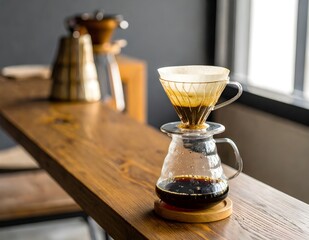 V60 Pour-Over Coffee Brewing in a Cozy Cafe with Natural Light