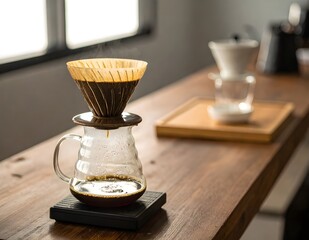 V60 Pour-Over Coffee Brewing in a Cozy Cafe with Natural Light