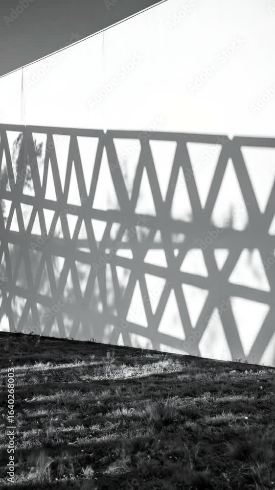 Poster black and white geometric pattern of triangular shadows on a wall with grass underneath in an archit
