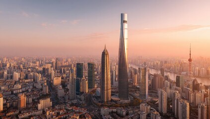 Panoramic cityscape at sunrise.  Elevated view of a bustling Asian metropolis, featuring towering skyscrapers and a wide expanse of city buildings. 