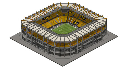 A detailed miniature Signal Iduna Park stadium concept design presented in a 3D isometric vector illustration, showcasing modern sports architecture.