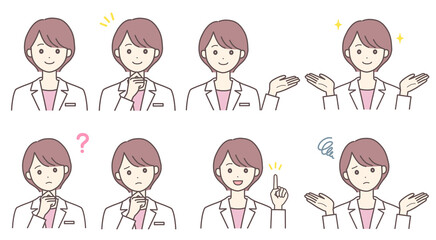 Obraz premium 白衣の若い女性のポーズセット（肌の色あり）