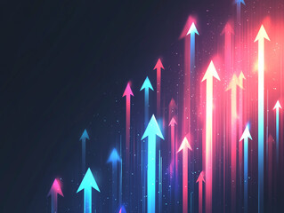 Upward Growing Arrows with Neon Glow and Streaks of Light on Dark Background growth progress