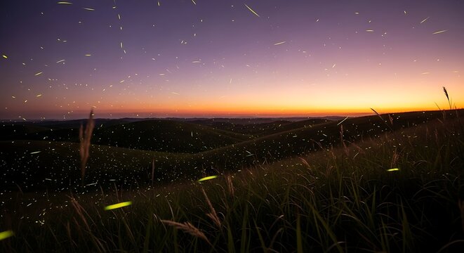 Fireflies glowing over grassy hills at twilight
