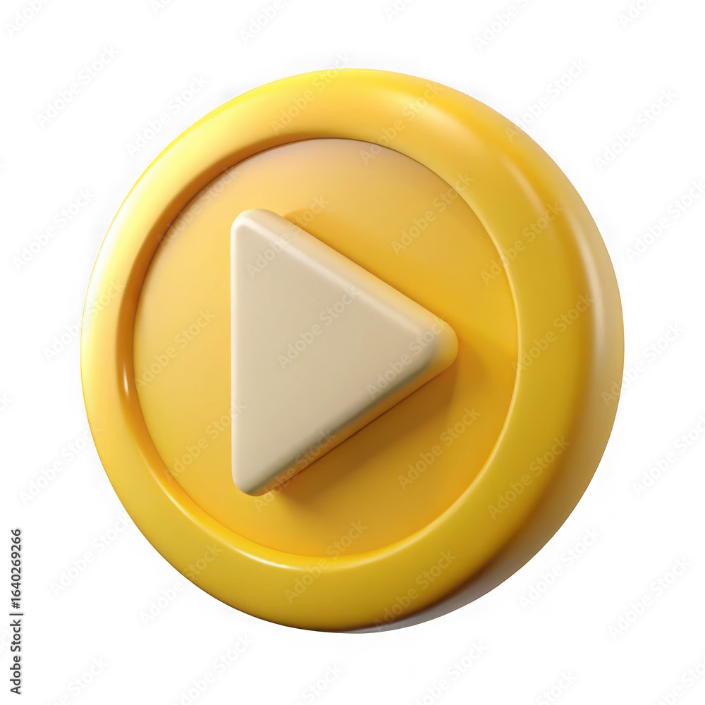 Poster 3d illustration of yellow play button with a white arrow isolated on transparent background