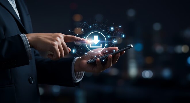 Downloading Data on Smartphone with Futuristic Hologram Connection Network and Cityscape Background Represents Digital Transformation