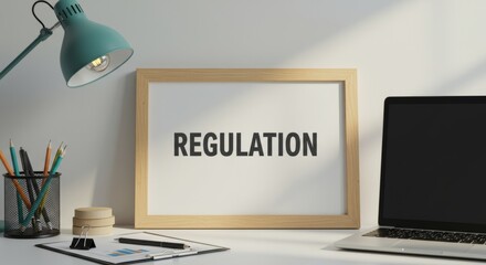 Minimalist Office Setup with 'Regulation' Sign, Laptop, and Workspace Essentials