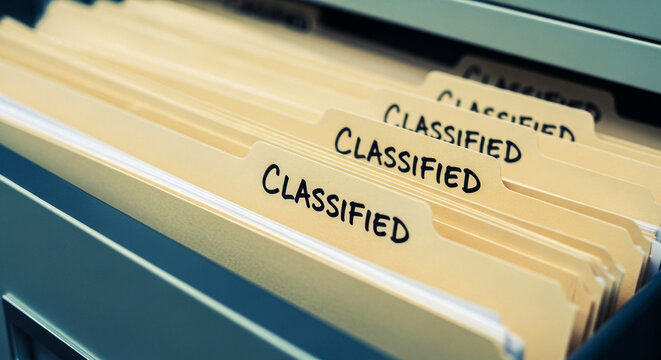 A detailed shot of a filing cabinet drawer reveals multiple manila folders each prominently marked with the word 'CLASSIFIED' in a distinct handwritten script