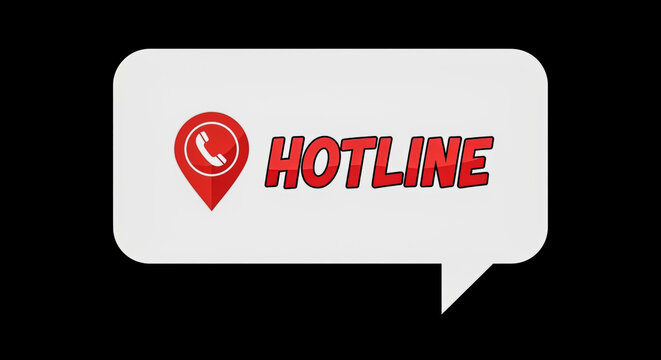 A bold red location pin icon sits to the left of the word "Hotline" in a distressed red font both enclosed within a white speech bubble with a pointed tail