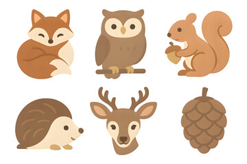Fototapeta premium Cozy Minimalist Woodland Icons: Fox, Owl, Squirrel & More