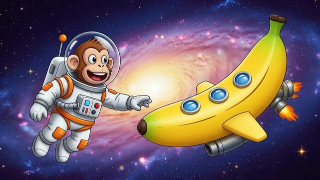 Playful Cartoon Monkey Astronauts Cosmic Journey Reaching for a Banana Rocket in a Vibrant Galaxy.