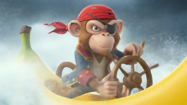 Cartoon Pirate Monkeys Banana Boat Adventure A Whimsical 3D Animated Voyage Through Stormy Seas.
