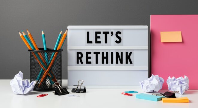 Workspace inspiration: 'Let's Rethink' message with vibrant stationery and creative clutter