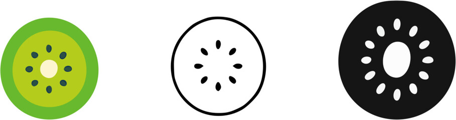 Fototapeta premium Three stylized icons of a kiwi fruit slice, one in color, one as a black and white outline, and one as a black silhouette with white details.