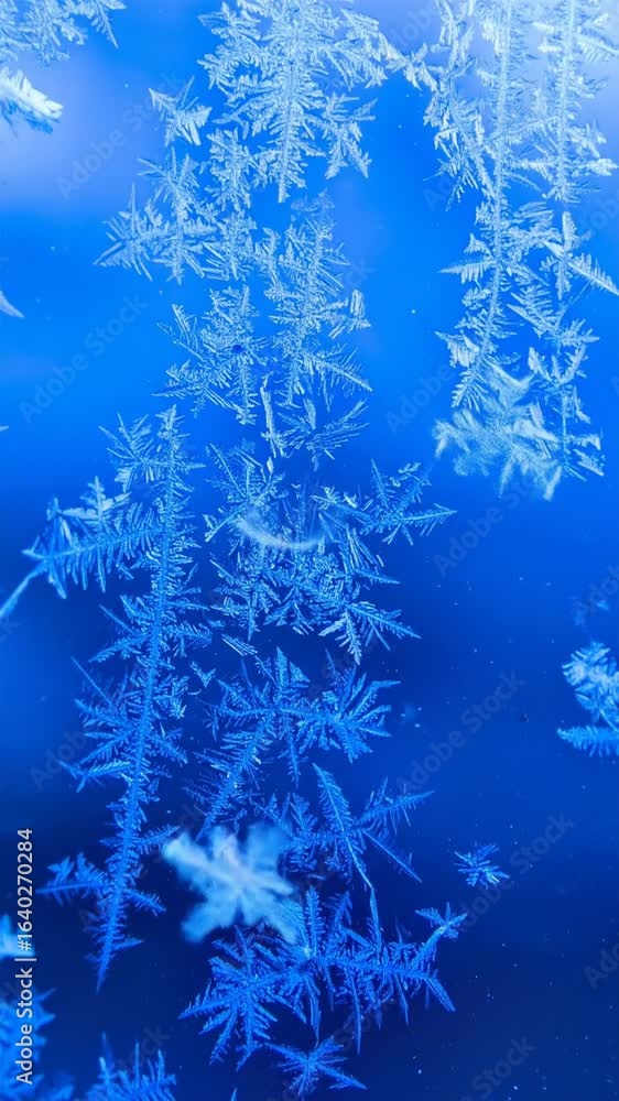 Poster detailed ice crystal formations on a dark blue background capturing winter frost and snowflake patte