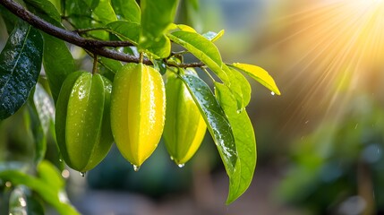Obraz premium Fresh Yellow Starfruit on Branch with Dew and Morning Sunlight