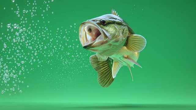 Close up of a large mouth bass with bubbles on a green background in a studio setting shot well green screen animal video