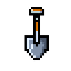 Pixel Art Shovel, Retro 8-Bit Digging Tool, Video Game Farming and Mining Asset