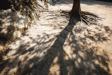 Tree roots illuminated with shadows under midday sunlight