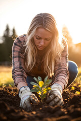 Young woman planting a small seedling in rich soil at sunset gardening