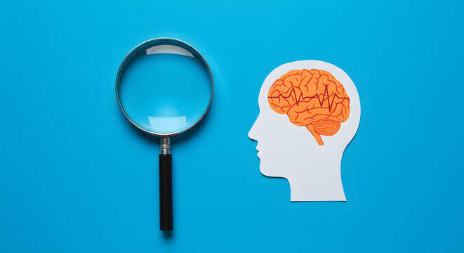 A brain shape made from paper and a magnifying glass on a light blue background